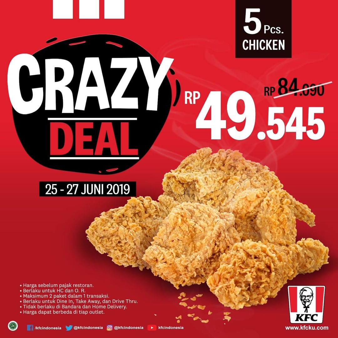 PROMO KFC CRAZY DEAL Paket 5 pcs Ayam mulai Rp.49.545 Disqonin